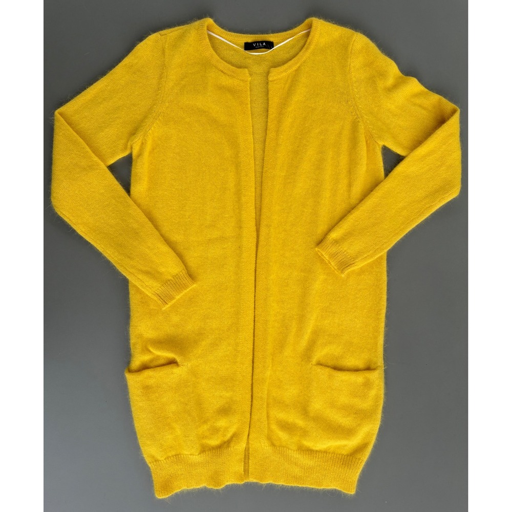 Vila Vikimber Angora Blend Open Front Long Cardigan Sweater Yellow Small